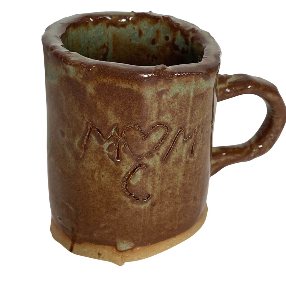 Handmade Studio‎ Pottery Mom Heart C Mug Brown Teal Glazed Rustic Ceramic Cup